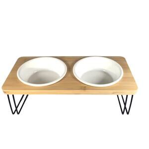 Elevated Bamboo Dog Bowl Stand with White Bowls